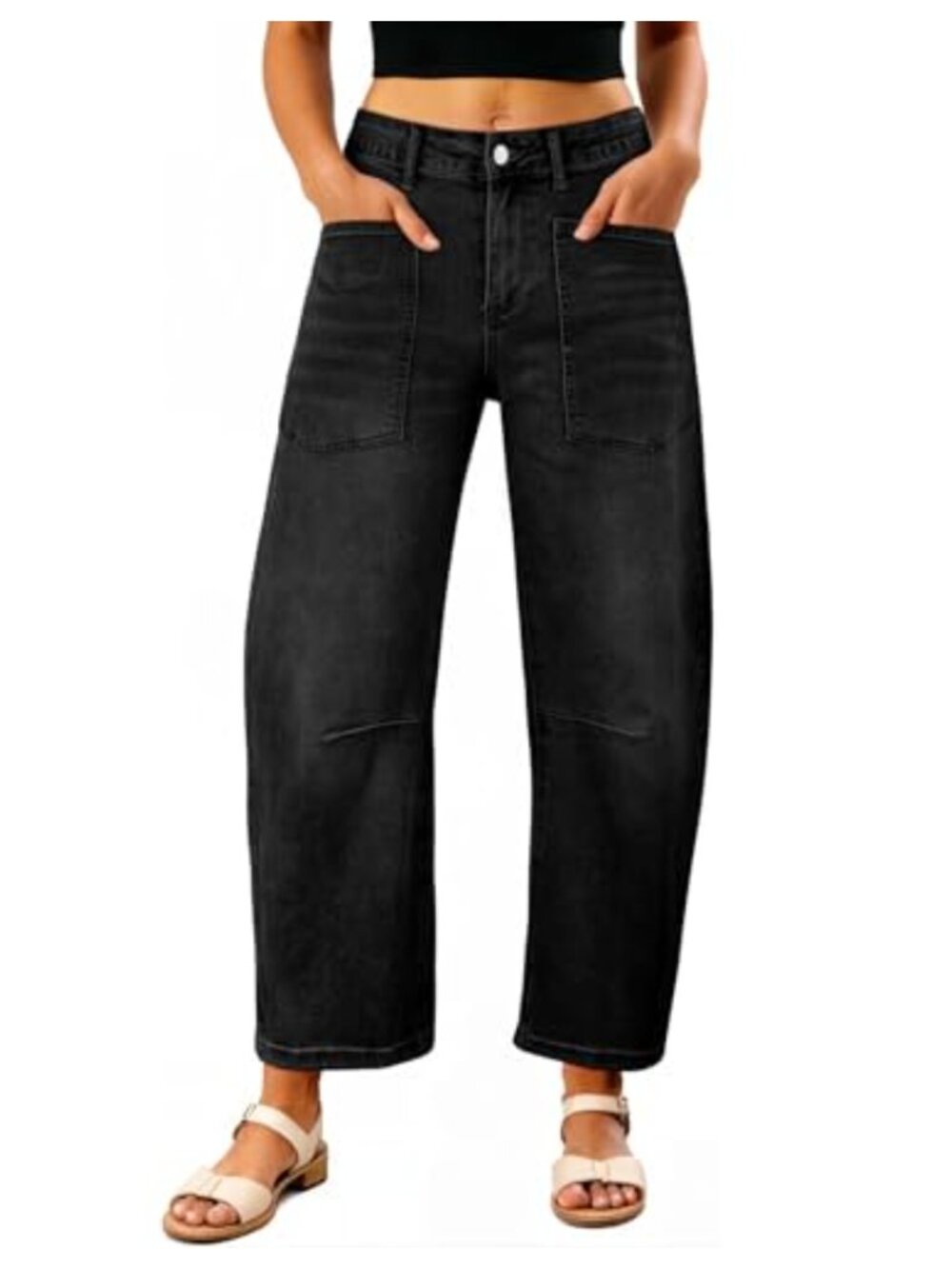 High Waisted Stretch Denim Barrel Jeans Comfortable Baggy Wide Leg Ankle